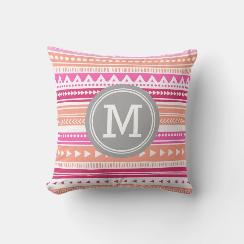 Pink Peach Tribal Monogram Decorative Pillow
