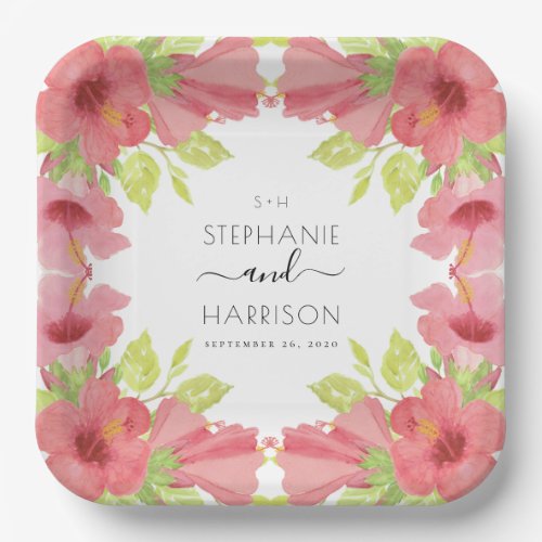 Pink Peach Tropical Floral Framed Wedding Square Paper Plates