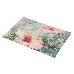 Pink Peach Tropical Hibiscus Floral Birthday Cloth Placemat