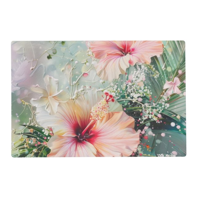 Pink Peach Tropical Hibiscus Floral Birthday Placemat (Front)
