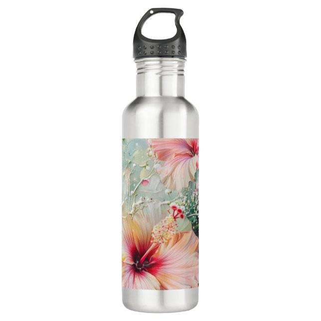 Pink Peach Tropical Hibiscus Floral Birthday Stainless Steel Water Bottle (Front)