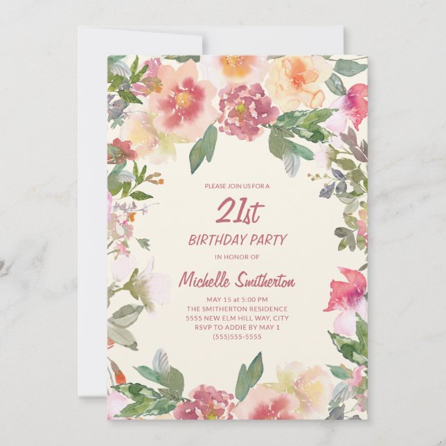 Pink Peach Watercolor Floral 21st Birthday Invitation (Front)
