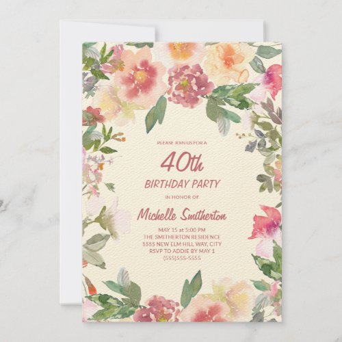 Pink Peach Watercolor Floral 40th Birthday Invitation