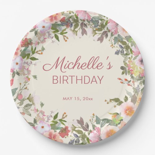 Pink Peach Watercolor Floral Birthday Name Date Paper Plates