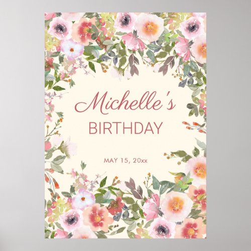 Pink Peach Watercolor Floral Birthday Name Date Poster