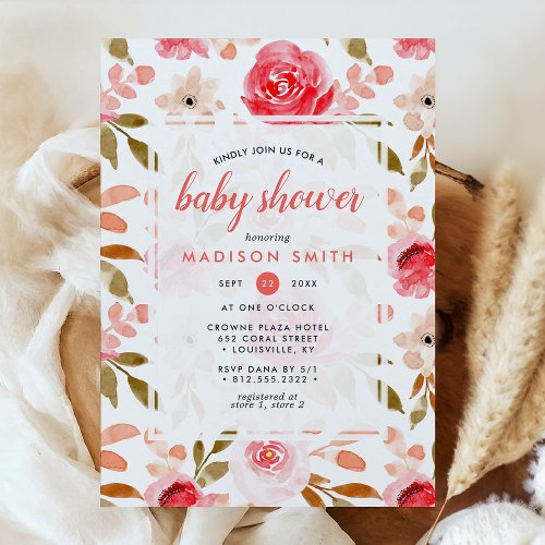Pink Peach Watercolor Floral Girl Baby Shower Invitation