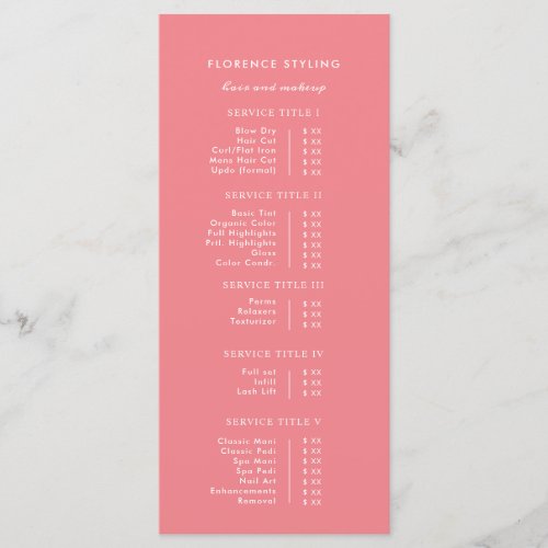 Pink Peach Watercolor Hair Makeup Stylist Pricing Menu