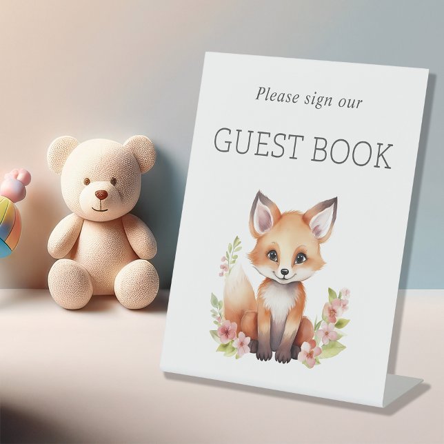 Pink Peach Woodland Fox Baby Shower Guest Book Pedestal Sign (Creator Uploaded)