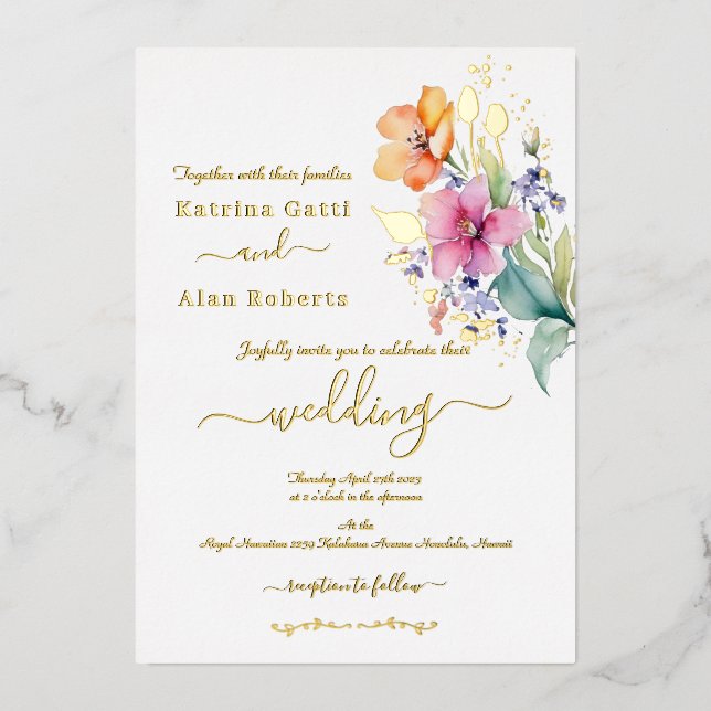 Pink Peach Yellow Blooms Foil Invitation (Front)