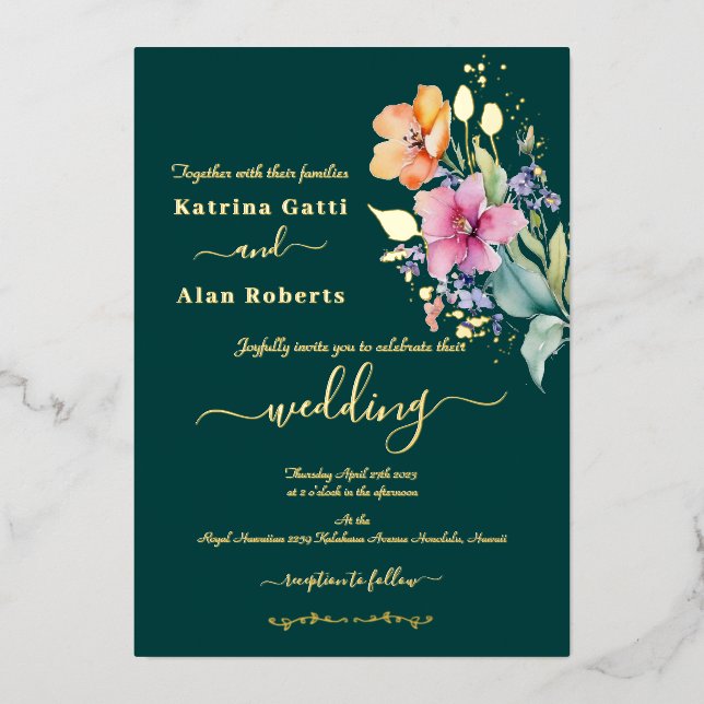 Pink Peach Yellow Blooms Foil Invitation (Front)