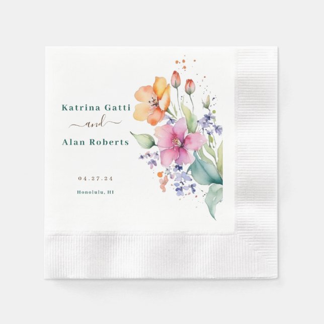 Pink Peach Yellow Blooms Paper Napkin (Front)