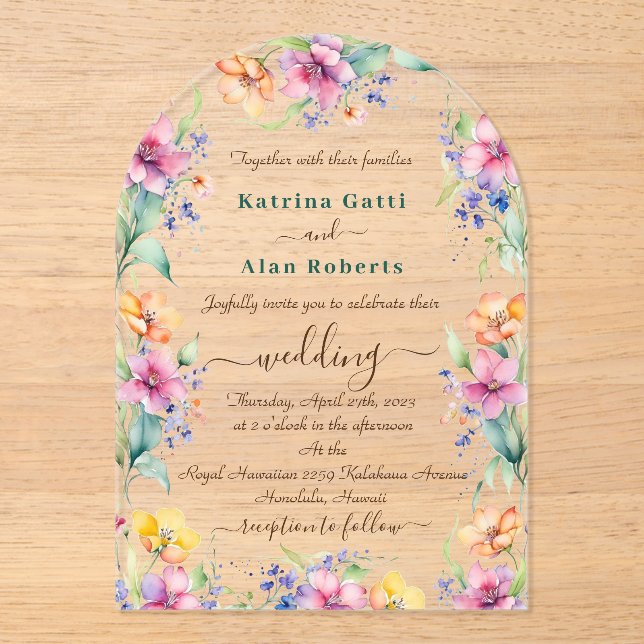 Pink Peach Yellow Blooms Wedding Invitation (Front)