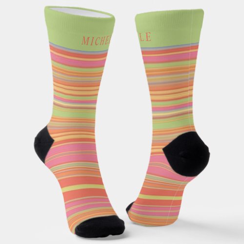 Pink Peach Yellow Green Striped Custom Name  Socks