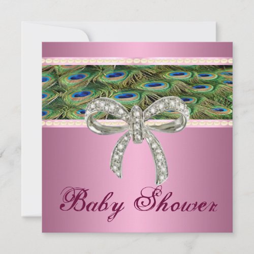Pink peacock Diamond Bow Baby Shower Invitation