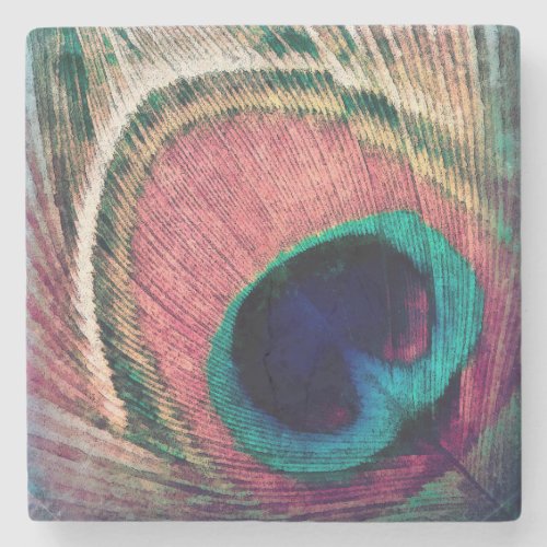 Pink Peacock Feather Chic Stone Coaster