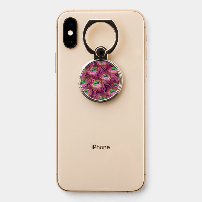 Pink Peacock Feather Phone Ring Stand (On Phone)