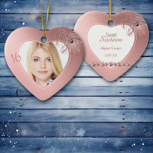 Pink Peacock Feather Photo Template Sweet Sixteen Ceramic Ornament