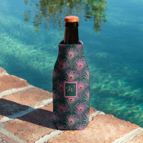 Pink Peacock Feathers and Monogram on Deep Green Bottle Cooler