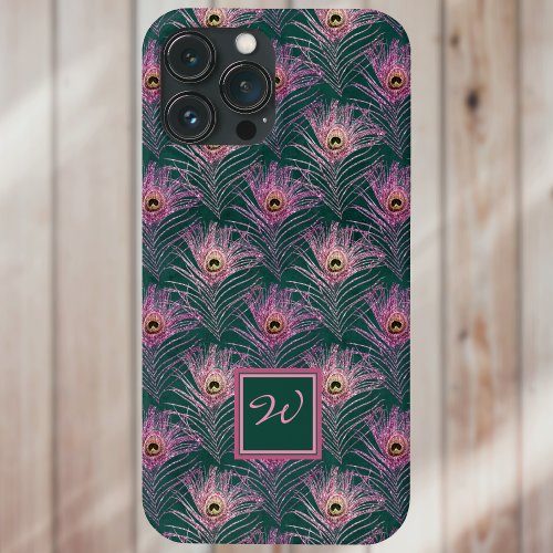 Pink Peacock Feathers and Monogram on Deep Green iPhone 13 Pro Max Case