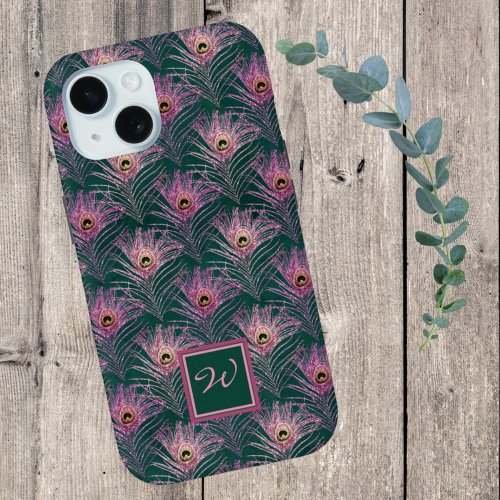 Pink Peacock Feathers and Monogram on Deep Green iPhone 15 Case