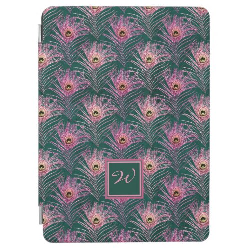 Pink Peacock Feathers and Monogram on Deep Green iPad Air Cover