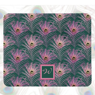 Pink Peacock Feathers and Monogram on Deep Green Mouse Pad