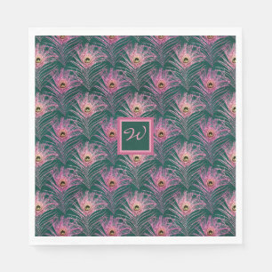 Pink Peacock Feathers and Monogram on Deep Green Napkins