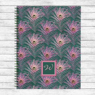 Pink Peacock Feathers and Monogram on Deep Green Notebook