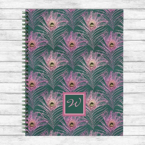 Pink Peacock Feathers and Monogram on Deep Green Notebook