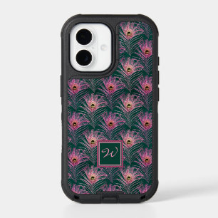 Pink Peacock Feathers and Monogram on Deep Green iPhone 17 Case