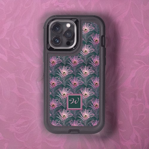 Pink Peacock Feathers and Monogram on Deep Green iPhone 13 Pro Max Case