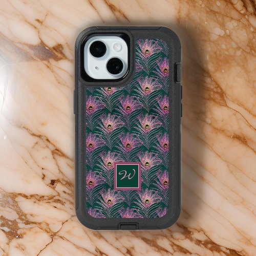 Pink Peacock Feathers and Monogram on Deep Green iPhone 15 Case