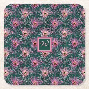 Pink Peacock Feathers and Monogram on Deep Green Square Paper Coaster