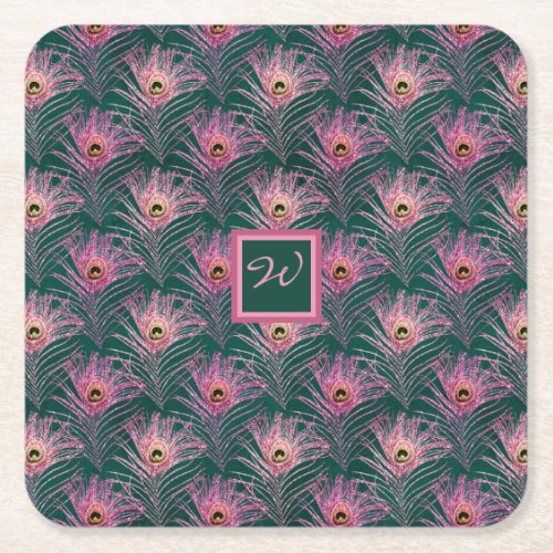 Pink Peacock Feathers and Monogram on Deep Green Square Paper Coaster