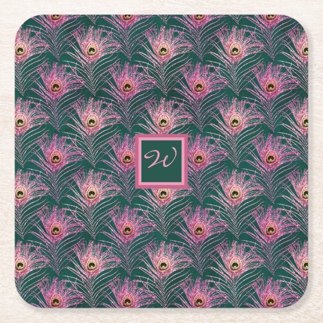 Pink Peacock Feathers and Monogram on Deep Green Square Paper Coaster (Front)