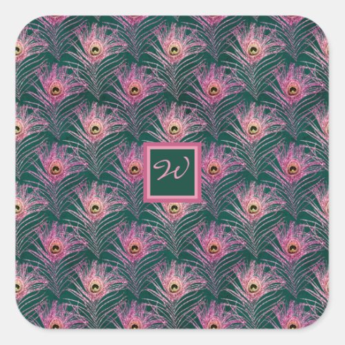 Pink Peacock Feathers and Monogram on Deep Green Square Sticker