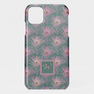 Pink Peacock Feathers and Monogram on Deep Green iPhone 11 Case