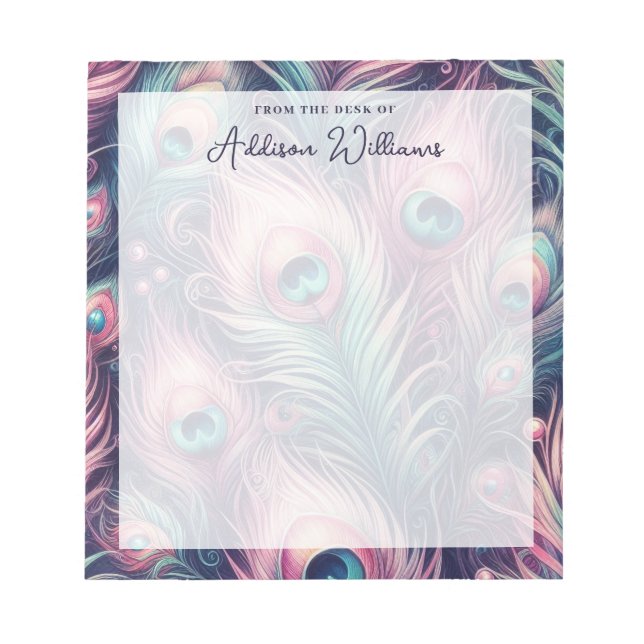 Pink Peacock Feathers Custom Name Notepad (Front)