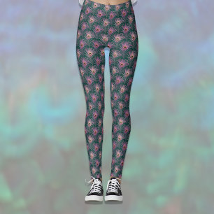 Pink Peacock Feathers Pretty Pattern on Deep Green Leggings