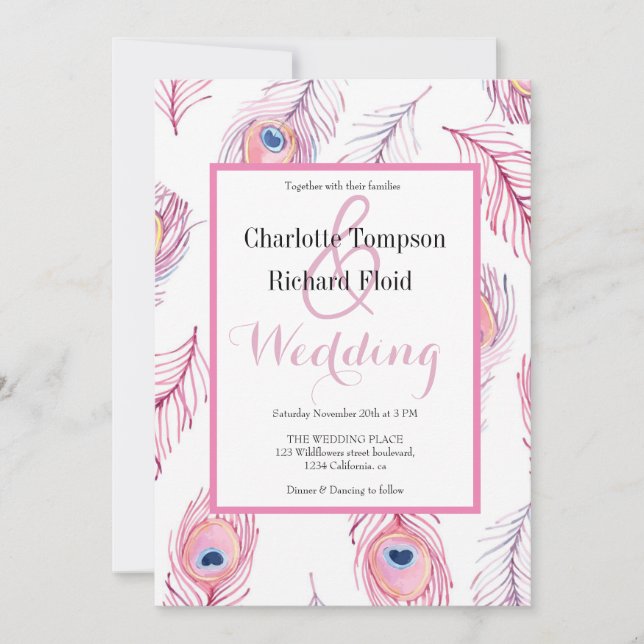 Pink Peacock Feathers Wedding  Invitation (Front)