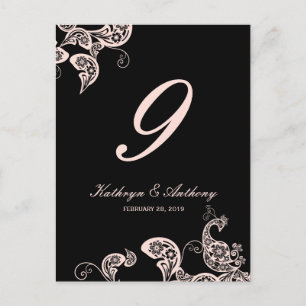 Pink Peacock Floral Paisley Wedding Table Number