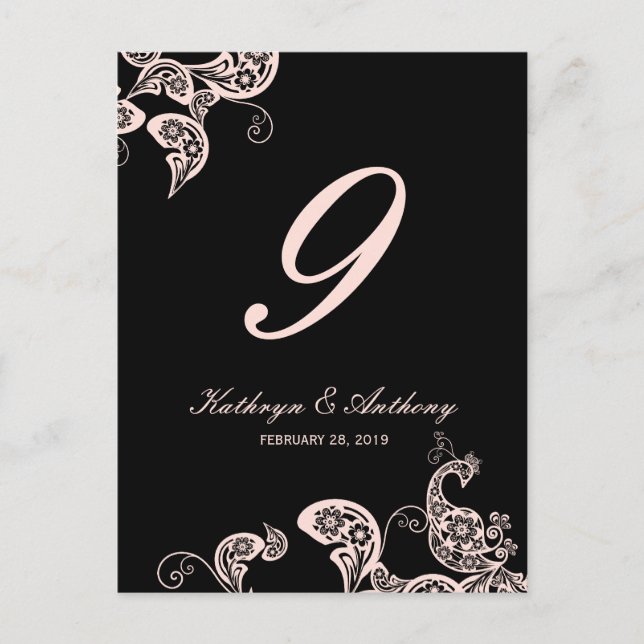 Pink Peacock Floral Paisley Wedding Table Number (Front)
