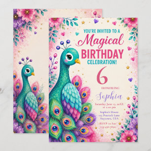 Pink Peacock Girls Birthday Party Invitation