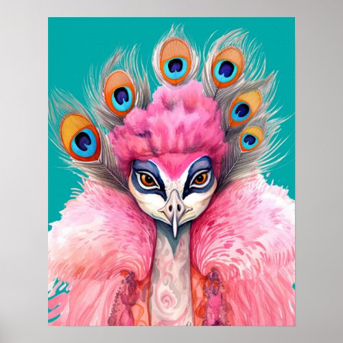 Pink Peacock in Fur Portrait Animal Fashion Art Poster