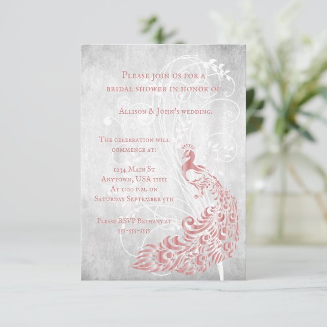 Pink Peacock Leaf Vine Bridal Shower Invite (Standing Front)