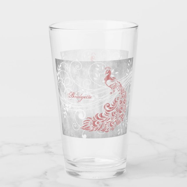 Pink Peacock Personalized Glass Cup (Front)