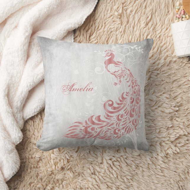 Pink Peacock Personalized Throw Pillow (Blanket)