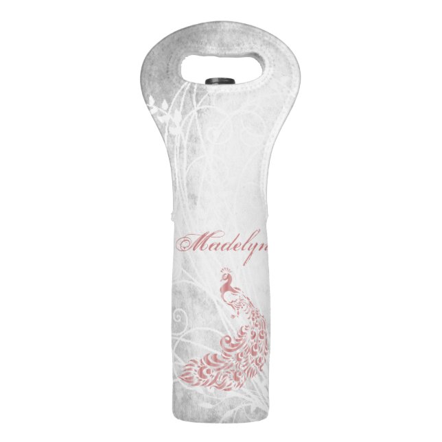 Pink Peacock Personalized Wine Bag (Front)