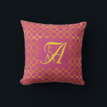 Pink Peacock Quatrefoil MONOGRAM Gold Wedding Throw Pillow<br><div class="desc">Add the bride and grooms first name initials (small letters) and their joint married surname initial (large letter) to create a stylish monogram gift for the newlywed couple. The color here is pink peacock with gold lettering,  calligraphy style. The pattern is a classic quatrefoil,  Moroccan style design.</div>