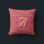 Pink Peacock Quatrefoil MONOGRAM Gold Wedding Throw Pillow<br><div class="desc">Add the bride and grooms first name initials (small letters) and their joint married surname initial (large letter) to create a stylish monogram gift for the newlywed couple. The color here is pink peacock with gold lettering,  calligraphy style. The pattern is a classic quatrefoil,  Moroccan style design.</div>